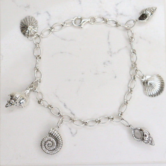 Sterling Silver 6 Shell Charm Bracelet Made by Us