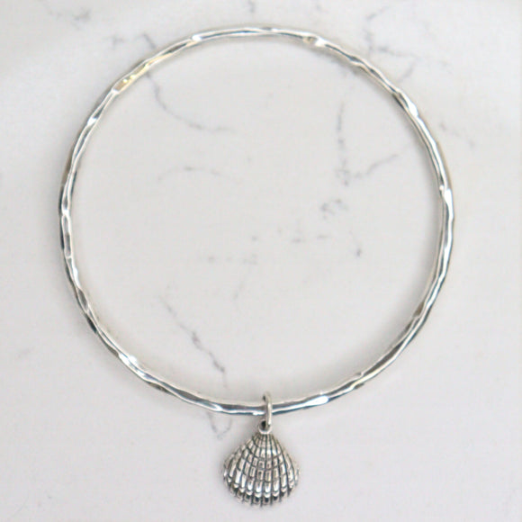 Scallop Shell Oxidised Sterling Silver Hammered Bangle
