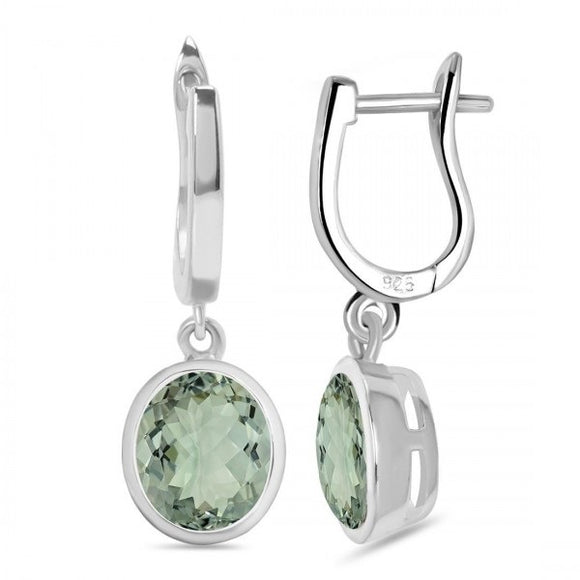 Sterling Silver and Green Amethyst Lever Back Oval Drop Earrings