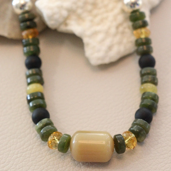 Jade, Citrine, Yellow Opal, Onyx & Sterling Silver Bead Necklace