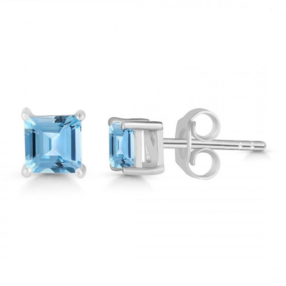 Blue Topaz Square Cut Sterling Silver Stud Earrings